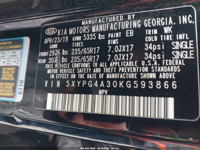 2019 KIA SORENTO 2.4L L 9