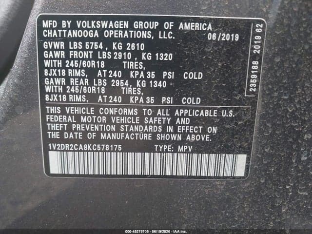 2019 VOLKSWAGEN ATLAS 3.6L V6 SE 9