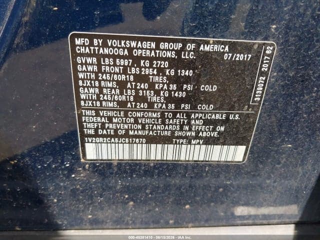 2018 VOLKSWAGEN ATLAS 3.6L V6 S 9