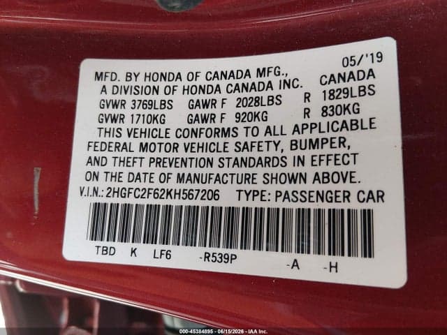 2019 HONDA CIVIC LX 9