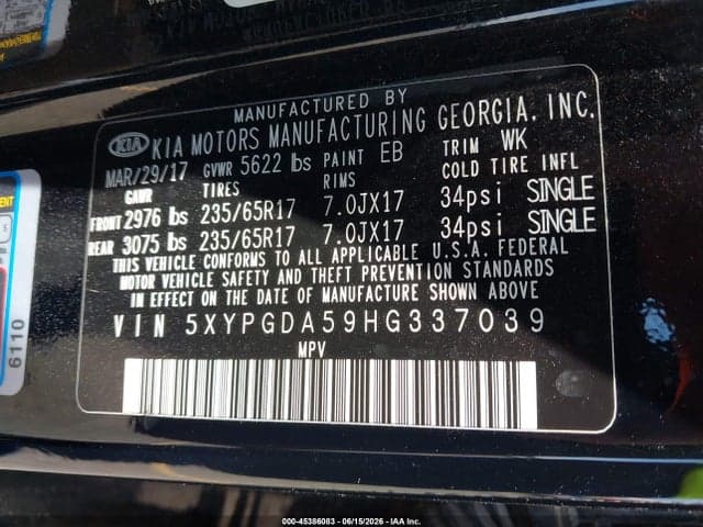2017 KIA SORENTO 3.3L LX 9