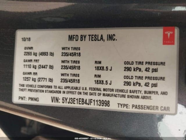 2018 TESLA MODEL 3 LONG RANGE/PERFORMANCE 9