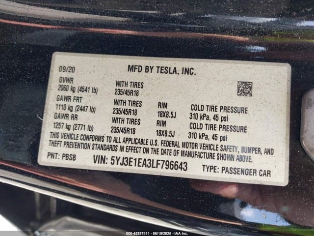 2020 TESLA MODEL 3 STANDARD RANGE PLUS REAR-WHEEL DRIVE/STANDARD RANGE REAR-WHEEL DRIVE 9