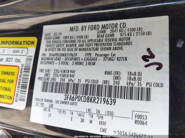 2019 FORD FUSION SEL 9