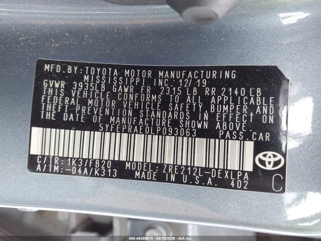2020 TOYOTA COROLLA LE 9