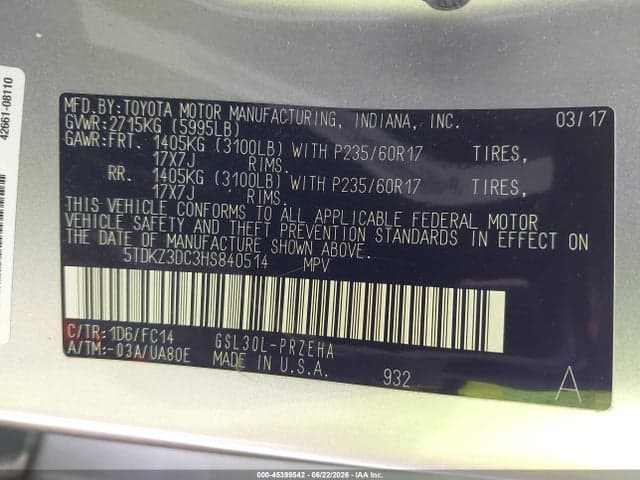 2017 TOYOTA SIENNA LE 8 PASSENGER 9
