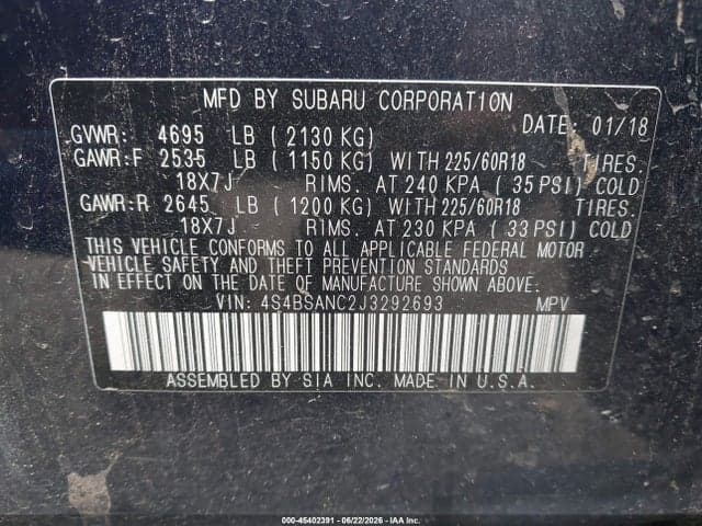 2018 SUBARU OUTBACK 2.5I LIMITED 9