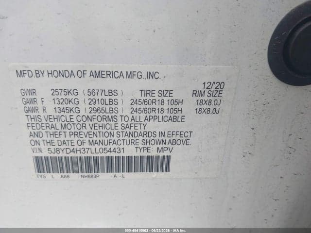2020 ACURA MDX STANDARD 9
