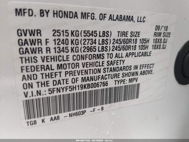 2019 HONDA PILOT LX 9