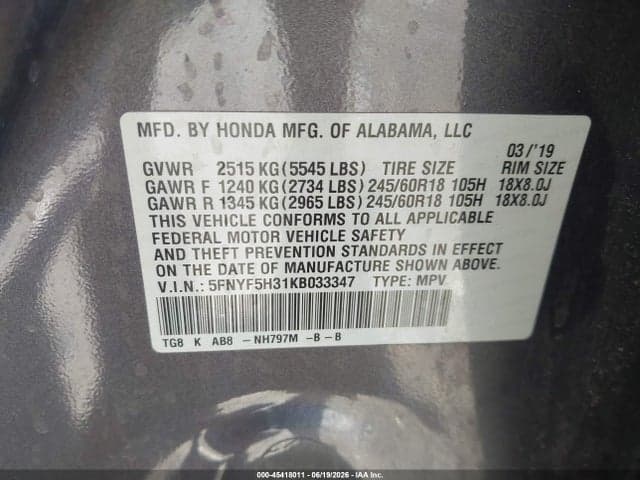2019 HONDA PILOT EX 9