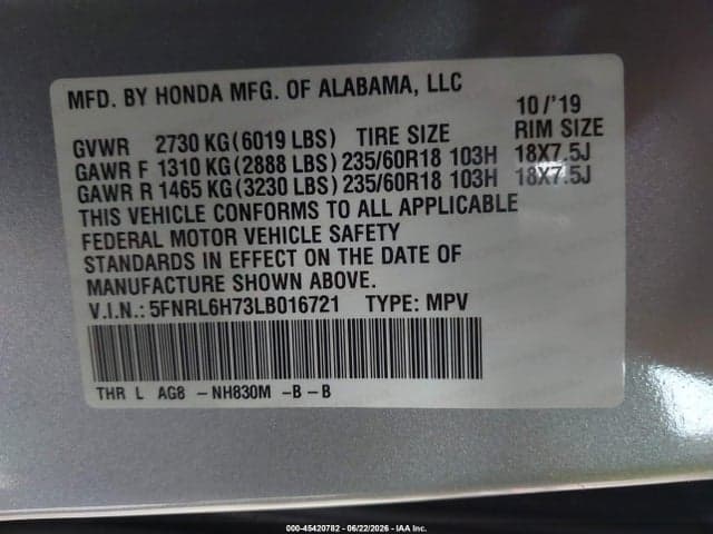2020 HONDA ODYSSEY EX-L/EX-L W/NAVI RES 9