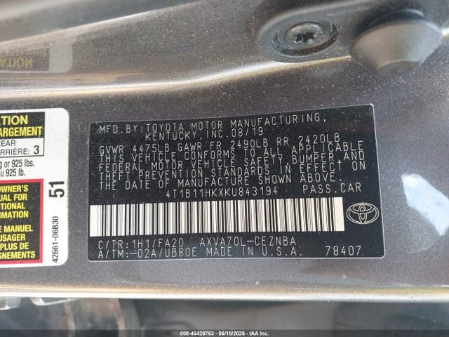 2019 TOYOTA CAMRY LE 9
