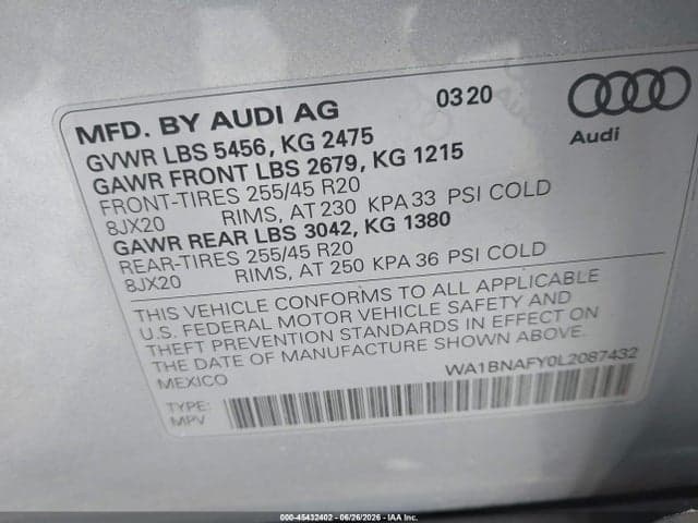 2020 AUDI Q5 PREMIUM PLUS 45 TFSI QUATTRO S TRONIC 9