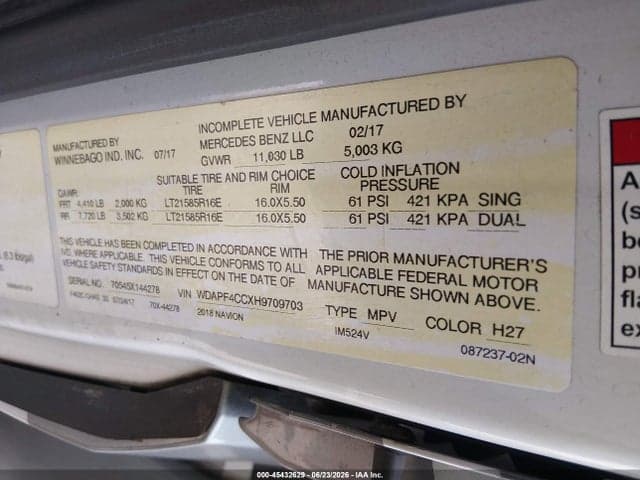 2017 MERCEDES-BENZ SPRINTER 3500 HIGH ROOF V6 8