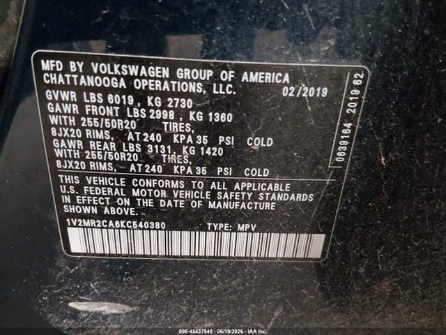2019 VOLKSWAGEN ATLAS 3.6L V6 SEL 9