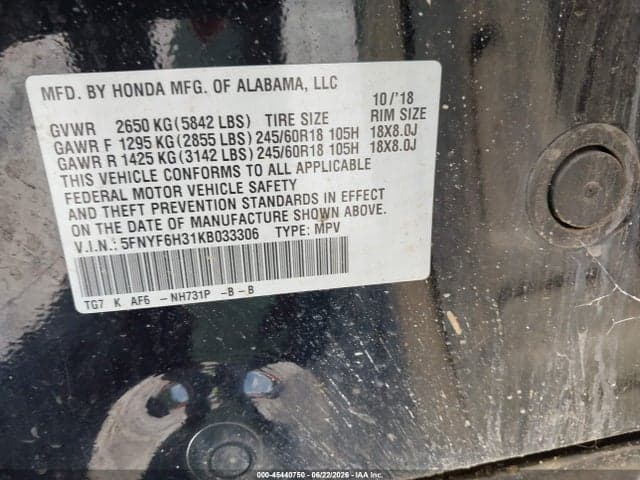 2019 HONDA PILOT EX 9