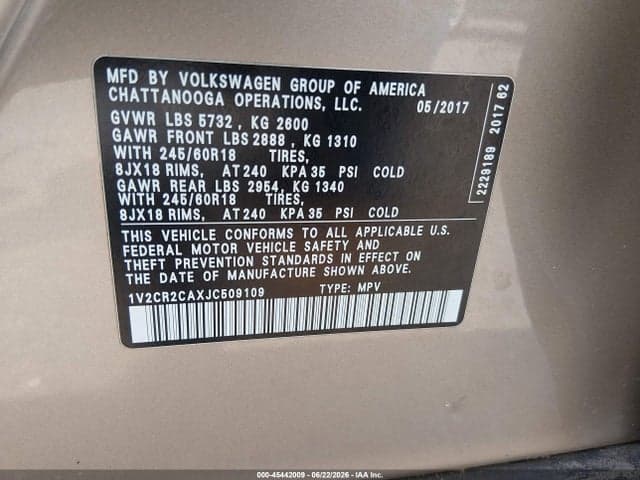 2018 VOLKSWAGEN ATLAS 3.6L V6 SE 9