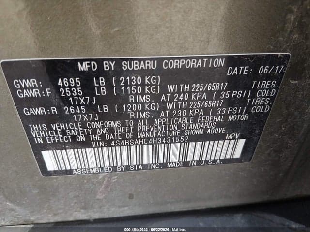 2017 SUBARU OUTBACK 2.5I PREMIUM 9