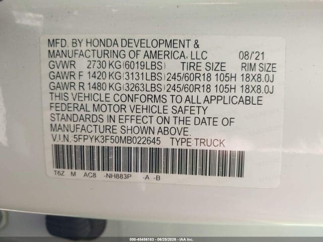 2021 HONDA RIDGELINE AWD RTL 9