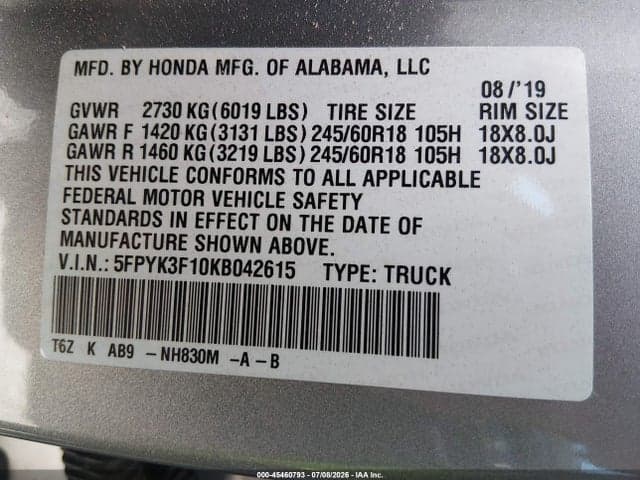 2019 HONDA RIDGELINE SPORT 9