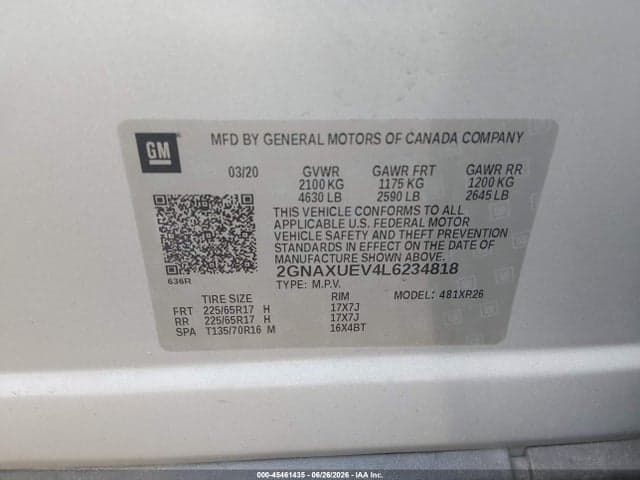 2020 CHEVROLET EQUINOX AWD LT 1.5L TURBO 9