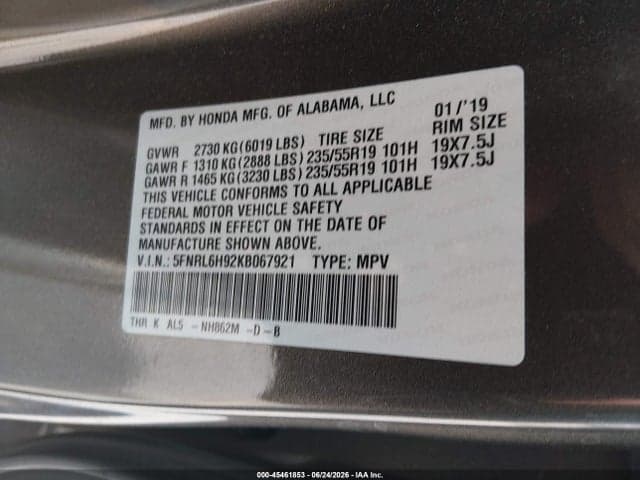 2019 HONDA ODYSSEY ELITE 9