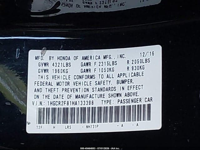 2017 HONDA ACCORD EX-L 9