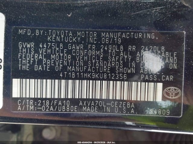 2019 TOYOTA CAMRY L 9