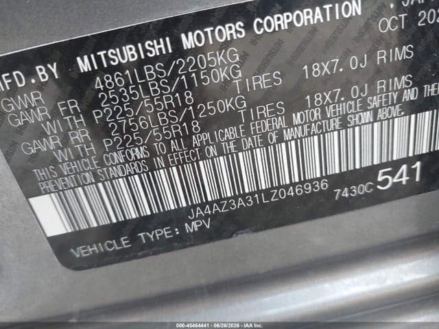 2020 MITSUBISHI OUTLANDER ES 2.4 S-AWC/LE 2.4 S-AWC/SE 2.4 S-AWC/SEL 2.4 S-AWC/SP 2.4 S-AWC 9
