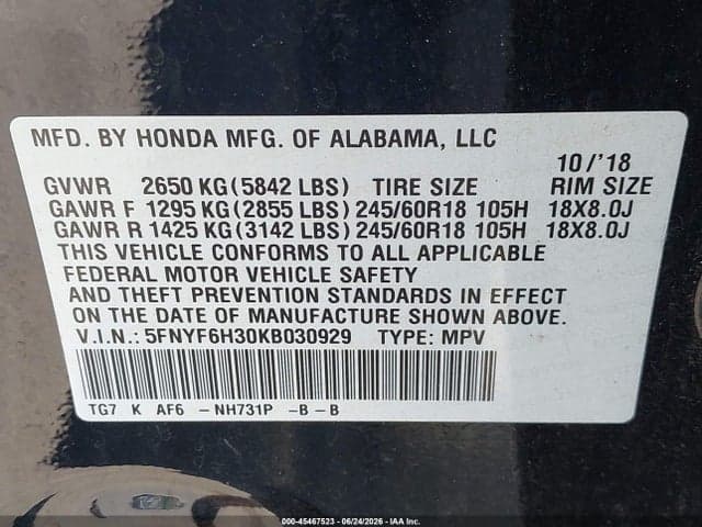 2019 HONDA PILOT EX 9
