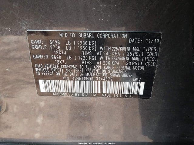 2020 SUBARU OUTBACK LIMITED XT 9
