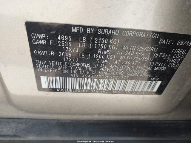 2019 SUBARU OUTBACK 2.5I 9