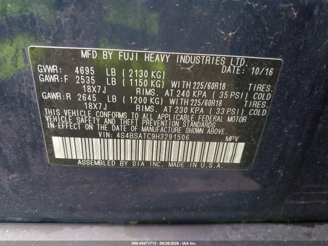 2017 SUBARU OUTBACK 2.5I TOURING 9