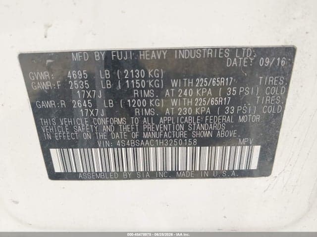 2017 SUBARU OUTBACK 2.5I 9