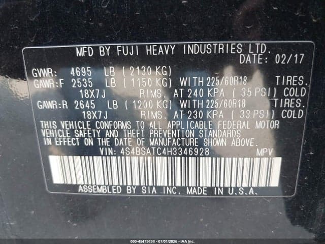 2017 SUBARU OUTBACK 2.5I TOURING 9