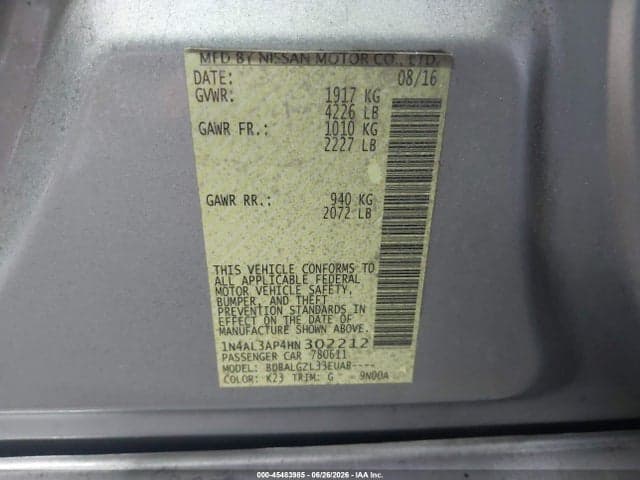 2017 NISSAN ALTIMA 2.5/2.5 S/2.5 SL/2.5 SR/2.5 SV 9