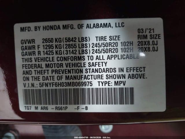 2021 HONDA PILOT AWD ELITE 9