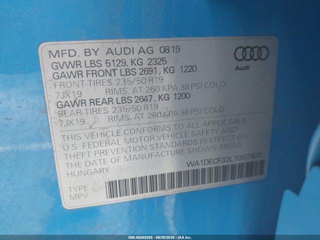 2020 AUDI Q3 PREMIUM 45 TFSI S LINE QUATTRO TIPTRONIC 9