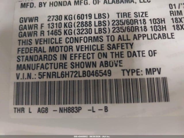 2020 HONDA ODYSSEY EX-L/EX-L W/NAVI RES 9