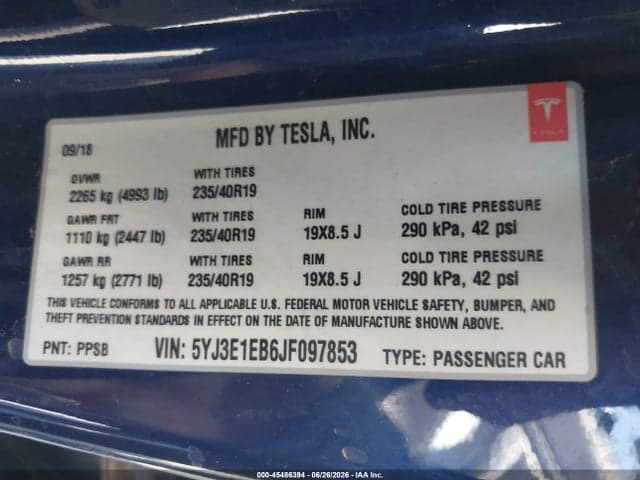 2018 TESLA MODEL 3 LONG RANGE/PERFORMANCE 9