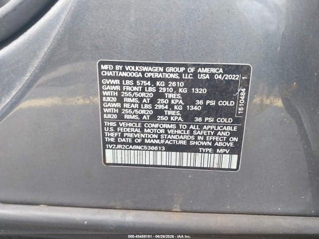 2022 VOLKSWAGEN ATLAS 3.6L V6 SE W/TECHNOLOGY 9