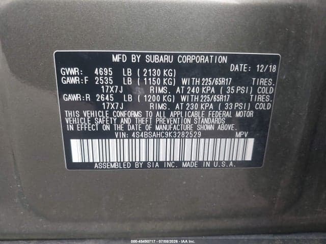 2019 SUBARU OUTBACK 2.5I PREMIUM 9