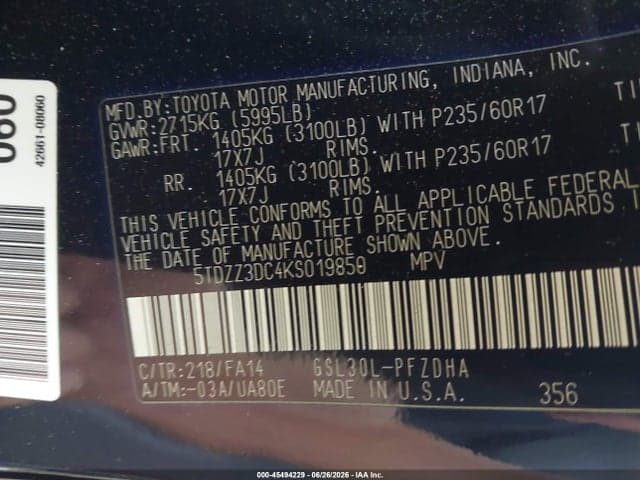 2019 TOYOTA SIENNA L 7 PASSENGER 9