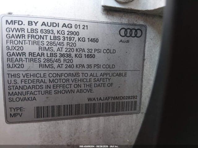 2021 AUDI Q7 PREMIUM 45 TFSI QUATTRO TIPTRONIC 9