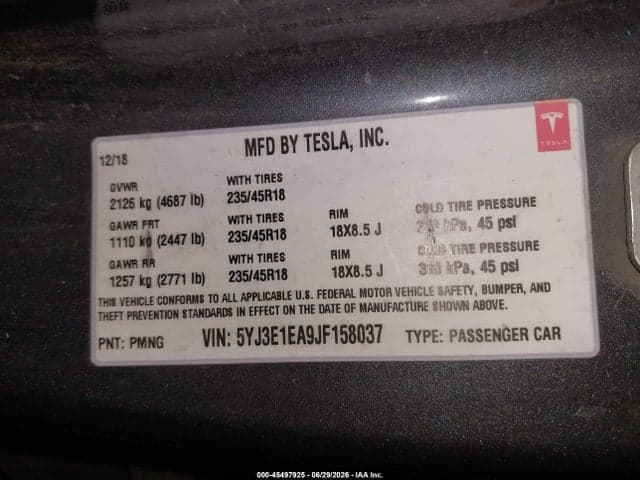 2018 TESLA MODEL 3 LONG RANGE/MID RANGE 9
