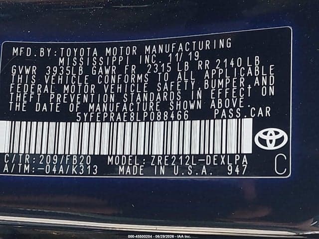 2020 TOYOTA COROLLA LE 9