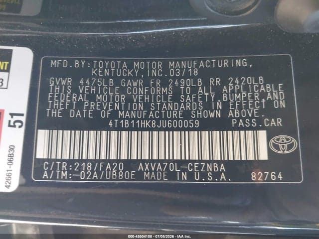 2018 TOYOTA CAMRY LE 9
