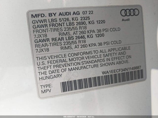 2022 AUDI Q3 PREMIUM PLUS 45 TFSI S LINE QUATTRO TIPTRONIC 9