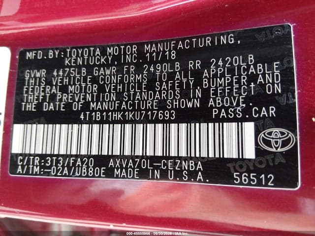 2019 TOYOTA CAMRY LE 9