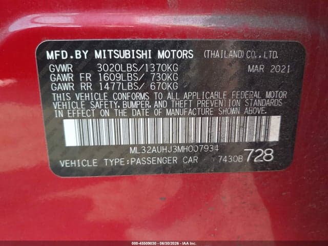 2021 MITSUBISHI MIRAGE CARBONITE EDITION/ES/LE 9